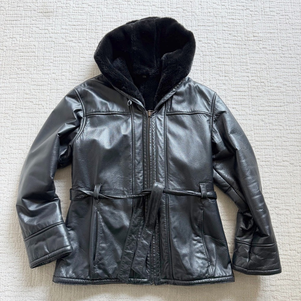 Wilsons Leather Hooded Jacket Womens Large Black Faux Fur Lined Belted Coat